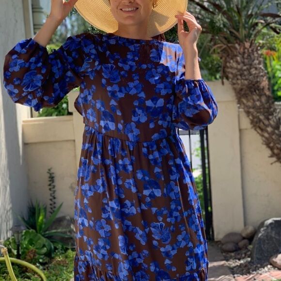 Adorable brown blue floral peasant midi dress - Picture 9 of 12